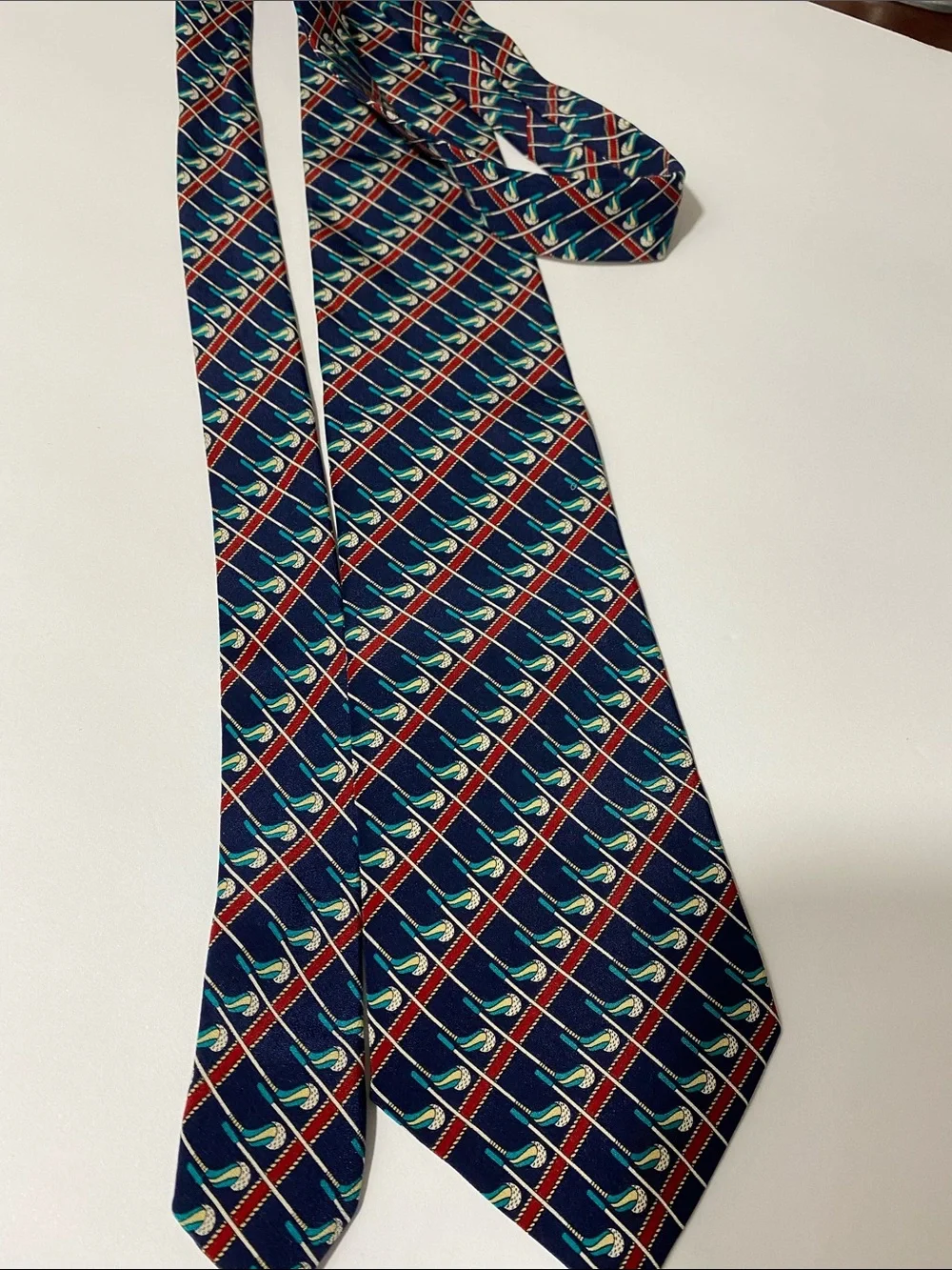 Vintage Bally of Switzerland 100% Silk Tie Navy Blue Red Green Geometric Pattern